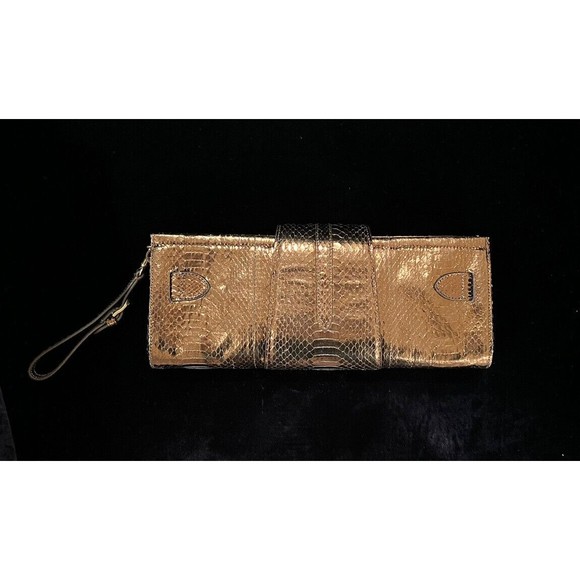 Jimmy Choo Tulita Clutch Bronze Brown Wristlet Gold Buckle Hardware Zip Closure - Picture 2 of 16